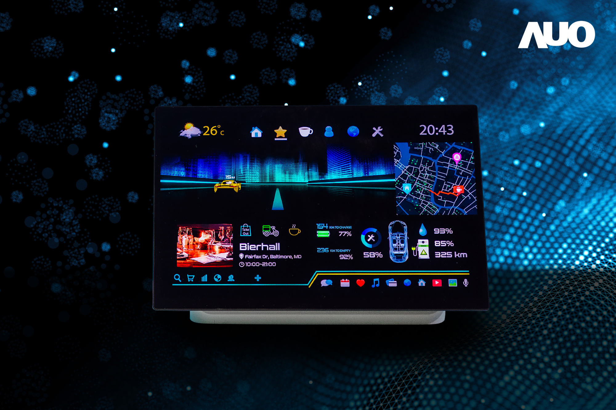 友達16吋超高色域車載中控獲得2025顯示器元件產品技術獎之面板模組類傑出產品獎，首次在車載領域採用藍光COB（LED chip-on-board）搭載量子點（Quantum Dot）膜之Mini LED解決方案實現廣色域